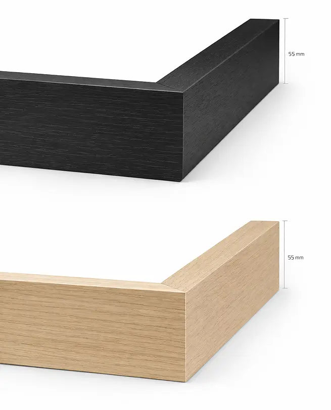 Svart sveveramme og sveveramme med eikefinish, begge med en dybde på 55 mm